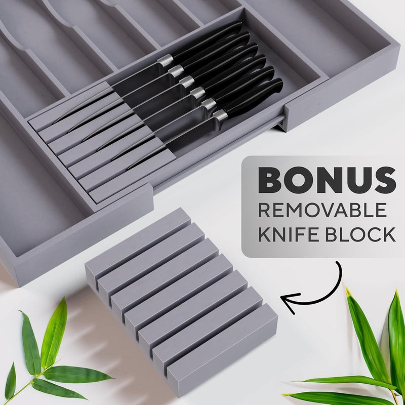 KOMFORA Premium Expandable Kitchen Drawer Organizer - 100% Bamboo Organizer Tray - Great for Silverware, Large Utensils, Flatware, Cutlery - 8 Compartments with Knife Block - Perfectly Fits Your Drawers - Image 4